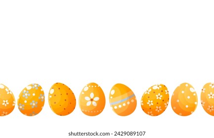 Seamless horizontal border of Easter yellow eggs with cute patterns. Happy easter. Easter banner, card, poster.Design element. Vector illustration on a white background.