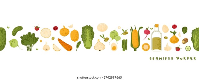 Seamless horizontal border featuring assorted vegetables, herbs and cooking ingredients. Hand illustrated carrot, cucumber, onion, lettuce and oil bottle form a continuous food themed strip.
