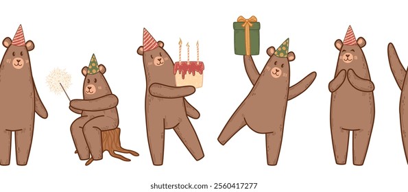 Seamless horizontal border featuring happy bears in party hats with gifts and sparklers. Festive vector illustration includes cake and presents. Perfect for surprise-themed designs