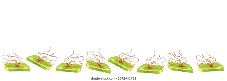 Seamless horizontal border with flat green gift box with a red decorative rope on a white square background. Decorative vector illustration for Christmas, New Year, birthdays, etc. 