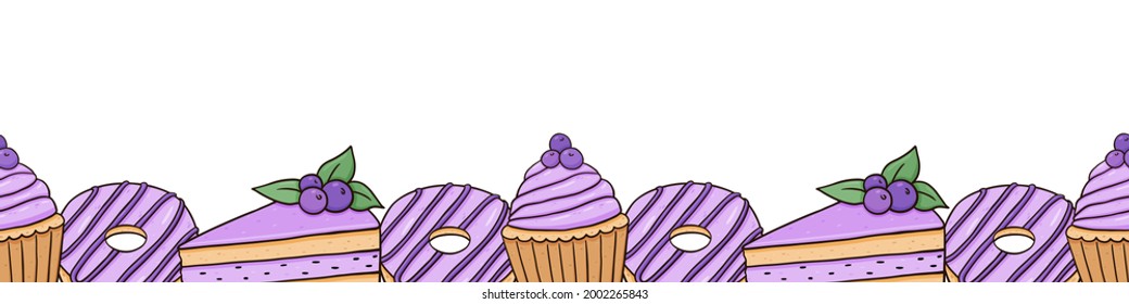 Seamless horizontal border with glazed donuts, blueberry cupcakes and cakes with berries. Vector hand-drawn illustration of footer with desserts in color doodle style. Perfect for menu, decorations.