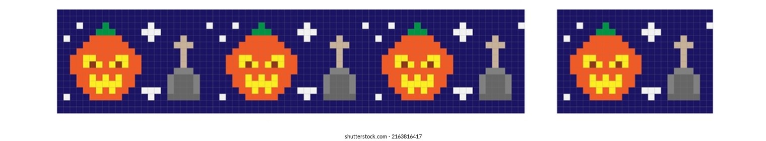 Seamless horizontal border with grave crosses and pumpkins. The scheme for embroidery or making baubles. Halloween decoration