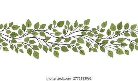 A seamless horizontal border of green leaves and branches against a white background, creating a natural and organic design element.