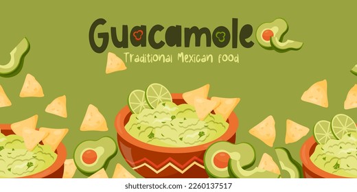 Seamless horizontal border with Guacamole. Traditional mexican food green sauce guacamole with nachos, avocado and and lime slices. Vector illustration. poster with Latin American national dish.