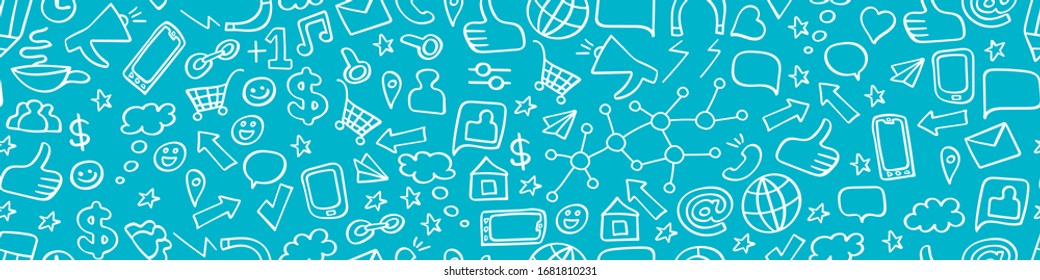 Seamless horizontal border with hand drawn social media elements on blue background. Internet technology print. Vector illustration.