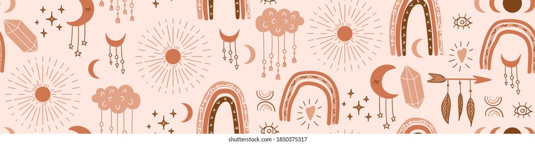 Borde horizontal sin inconvenientes con objetos dibujados a mano en estilo boho. Impresión de color pastel. Ilustración vectorial.