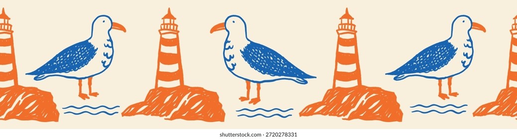 Borde Horizontal sin fisuras con faros dibujados a mano sobre rocas, gaviotas azules estilizadas y símbolos ondulatorios sobre un fondo claro. Adecuado para diseños, envolturas e invitaciones con temas marinos.
