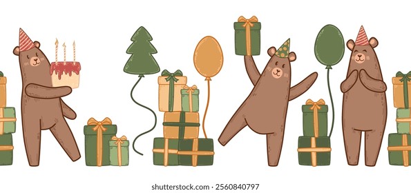 Seamless horizontal border with happy bears in party hats holding gifts and balloons. Festive orange and green colors add a cheerful touch. Vector for birthday surprise decorations.