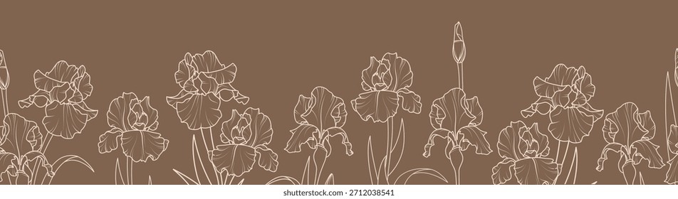 Borde Horizontal sin costuras con flores de iris. Ilustración vectorial.
