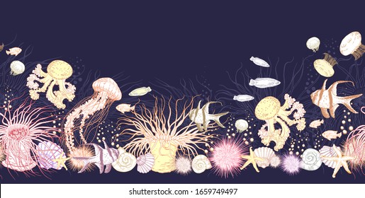 Seamless horizontal border with jellyfishes, sea anemones and tropical fishes. Beautiful underwater scenery. Hand drawn vector illustration on dark blue background.