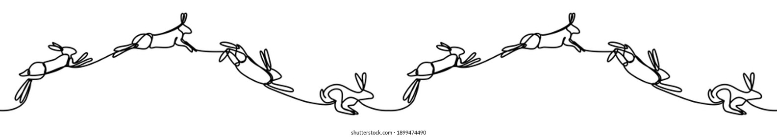 Seamless horizontal border of jumping rabbits Continuous line.  Repeating ornament galloping  hares - set for Easter, hunting, wildlife concept,etc. Running rabbits for fill space. Vector illustration