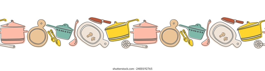 Seamless horizontal border with kitchen utensil. Vector illustration for menu and recipe decoration. Transparent background.