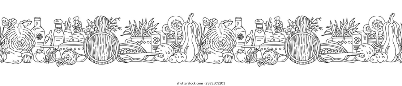 Seamless horizontal border with kitchen utensils and vegetables. Vector illustration for menu and recipe decoration. Transparent background.
