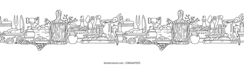 Seamless horizontal border with kitchenware and different food. Vector illustration for menu and recipe decoration. Transparent background.