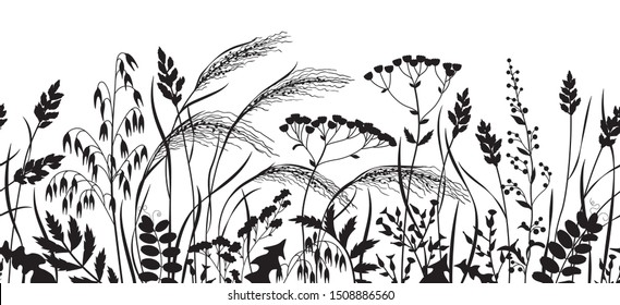 Seamless horizontal border made with monochrome wild plants. Black silhouette meadow grass and wildflowers 