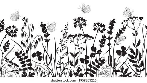 Seamless horizontal border made with monochrome wild plants and butterflies. Black silhouette meadow grass and wildflowers in row on white background.  Floral pattern vector flat illustration.