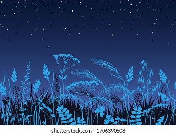 Seamless horizontal border made with wild plants in moonlight. Blue silhouettes of meadow grass and wildflowers on dark starry sky at night. Floral natural pattern vector flat illustration.