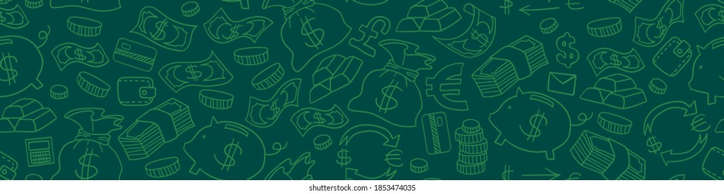 Frontera horizontal sin problemas con garabatos de mano de dinero. Fondo financiero verde. Ilustración vectorial.