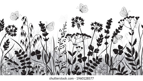 Seamless horizontal border with monochrome wild plants and butterflies. Black and gray silhouette meadow grass and wildflowers in row on white background.  Floral pattern vector flat illustration.