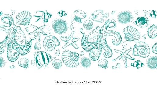Seamless horizontal border with octopuses, shells, fishes and underwater creatures. Hand drawn vector illustration isolated on white background.
