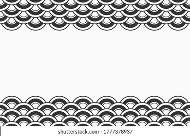 Seamless horizontal border pattern. Black and white Chinese or Japanese background with space for text or decoration. Oriental theme vector monochrome background.