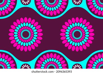 Seamless horizontal border pattern with circles, round shapes, wavy lines. African fashion vector pattern. Pink, turquoise colors. Textile, fashion pattern. Space for text. Vector color background.