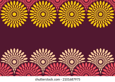 Seamless horizontal border pattern with circles, ornamental round shapes. African fashion vector pattern. Red, yellow, beige colors. Textile, fashion pattern. Space for text. Vector color background.