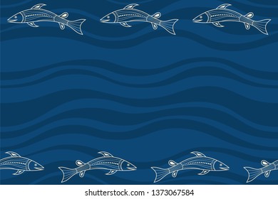Seamless horizontal border pattern with fishes and abstract smooth waves on background. Space for text. Australian art. Aboriginal painting style. Stylized fishes. Vector color background.