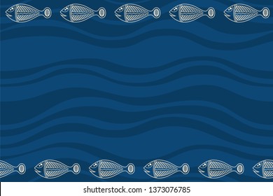 Seamless Horizontal Border Pattern With Fishes And Abstract Smooth Waves On Background. Space For Text. Australian Art. Aboriginal Painting Style. Stylized Fishes. Vector Color Background.