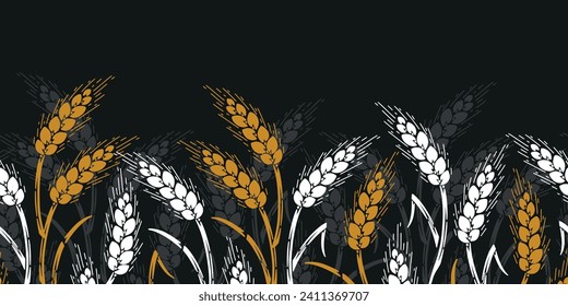 Seamless Horizontal Border Pattern of Grain Spikes, Ears of Wheat, Barley or Rye. Great for Wrapping Paper, Bread Packaging, Design of Bakery, Beer labels etc. Vector Illustration