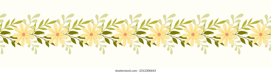 Seamless horizontal border pattern of hand drawn wild doodle flowers and leaves, on isolated background. Design for springtime, summertime celebration, scrapbooking, home decor, paper craft.