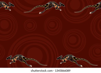 Seamless horizontal border pattern with kangaroos and smooth round shapes on background. Space for text. Australian art. Aboriginal painting style. Stylized kangaroos. Vector color background.