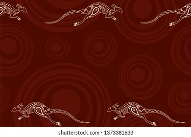 Seamless Horizontal Border Pattern With Kangaroos And Smooth Round Shapes On Background. Space For Text. Australian Art. Aboriginal Painting Style. Stylized Kangaroos. Vector Color Background.