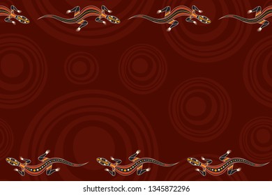 Seamless horizontal border pattern with lizards and smooth round shapes on background. Space for text. Australian art. Aboriginal painting style. Stylized lizards. Vector color background.