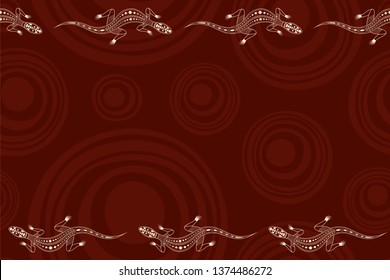 Seamless horizontal border pattern with lizards and smooth round shapes on background. Space for text. Australian art. Aboriginal painting style. Stylized lizards. Vector color background.