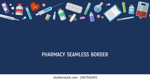 Seamless horizontal border pattern with medical items. Health care medical background. Syringe, pills, vials, lab tests, dropper, thermometer and more. Vector color pharmacy background.