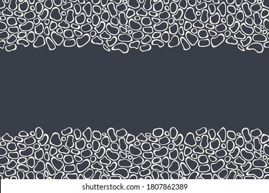Seamless horizontal border pattern with organic shapes, stones, isolated on dark background. Endless stylish texture. Ethnic texture. Space for text. Vector color background.