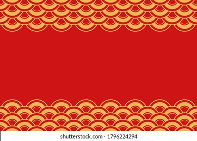 Seamless horizontal border pattern. Red and gold Chinese or Japanese background with space for text or decoration. Oriental theme vector color background.