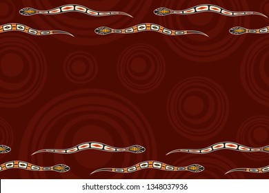 Seamless horizontal border pattern with snakes and smooth round shapes on background. Space for text. Australian art. Aboriginal painting style. Stylized lizards. Vector color background.