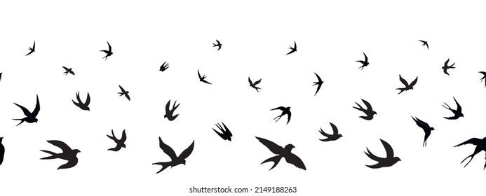 Seamless horizontal border pattern with swallows. Black silhouettes of flying birds on white background. Silhouette of a flock of swallows. Vector illustration  isolated 