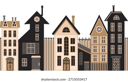 Patrón de borde Horizontal sin fisuras con altas fachadas estrechas de la casa adosada con una cerca de hierro forjado en beige, negro y gris sobre un fondo blanco. Ilustración vectorial plana, elemento de diseño.
