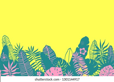 Seamless horizontal border pattern. Vector silhouette of tropical plants pink and blue on yellow