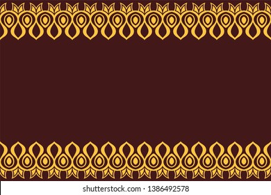 Seamless horizontal border pattern with yellow antique geometric symbols isolated on brown background. Endless texture. Space for text. Vector color background.
