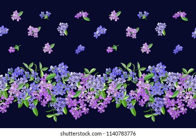 Seamless horizontal border with phlox flowers. Excellent print for greeting cards, clothes, bed linens, fabric, textiles, wallpaper, wrapping paper, gift box.