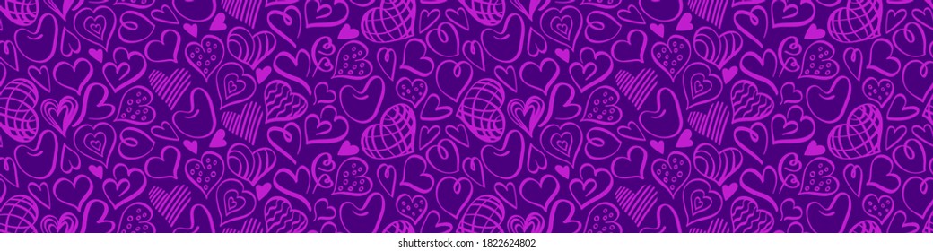 Seamless horizontal border with pink doodle heart shapes on purple background. Vector illustration.