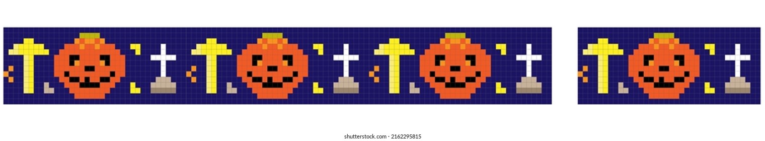 Seamless horizontal border with pumpkins and grave crosses. The scheme for embroidery or making baubles. Halloween decoration