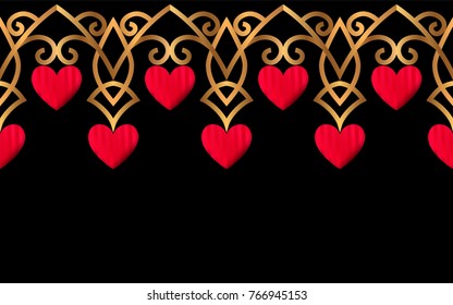 Seamless Horizontal Border with Red Hearts and Gold Ornament on Black. Festive Background for Valentine's Day or Wedding Party Invitations. EPS 10 Vector.