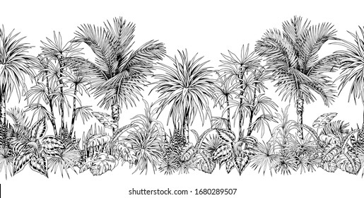 Seamless horizontal border with sketchy palm trees and tropical foliage. Black and white ink drawing. Vector illustration.