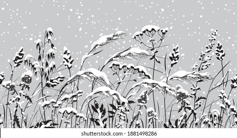 Frontera horizontal sin problemas con nevadas y praderas cubiertas de nieve. Patrón invernal con hierba y silueta de cereales silvestres en fila. Ilustración monocroma vectorial en color negro, blanco y gris.