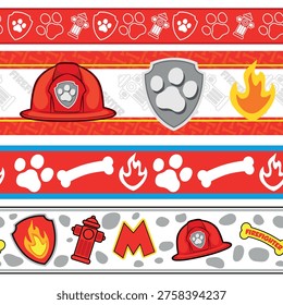 Seamless horizontal border stripe pattern with firefighter puppy icons: helmet, paw badge, flame, hydrant and bones in red, Patrol gray and blue. Great for kids party borders and scrapbooking.